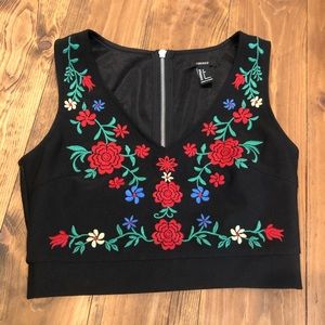 Black, cropped, embroidered floral shirt